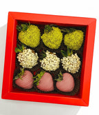 Yasmin Box – strawberries with pistachios, ruby chocolate, almonds and gold spray, indulgent Dubai chocolate gift box