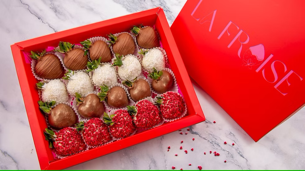 Jamila Box – milk and white chocolate strawberries with raspberries, coconut and gold dust, festive Dubai gift box